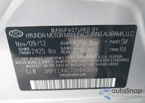 2013 Hyundai Sonata Se z USA, uszkodzony, nr VIN 5NPEC4AC1DH643074